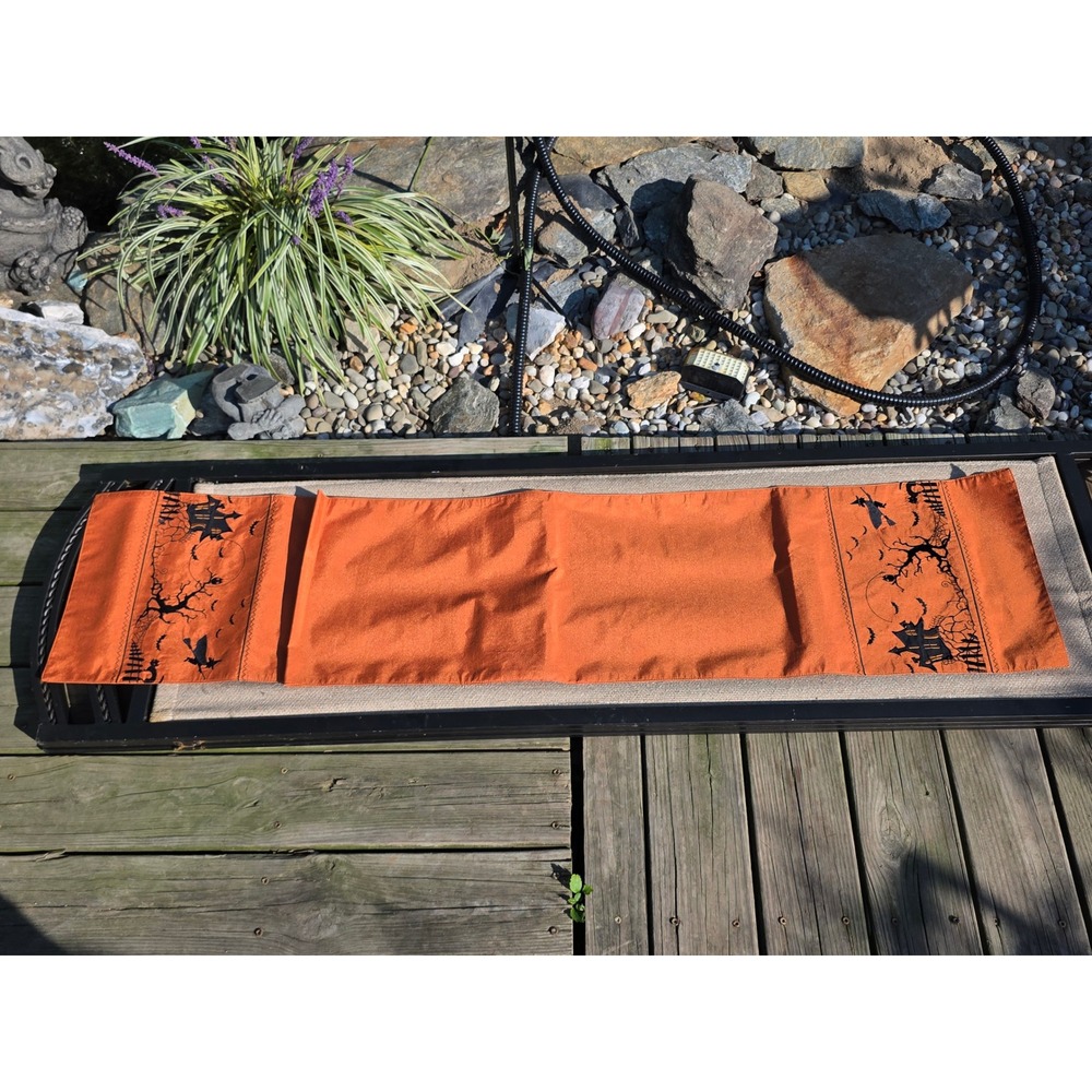 Orange Halloween Table Runner Haunted House Witch Embroidery 90 Inch Long